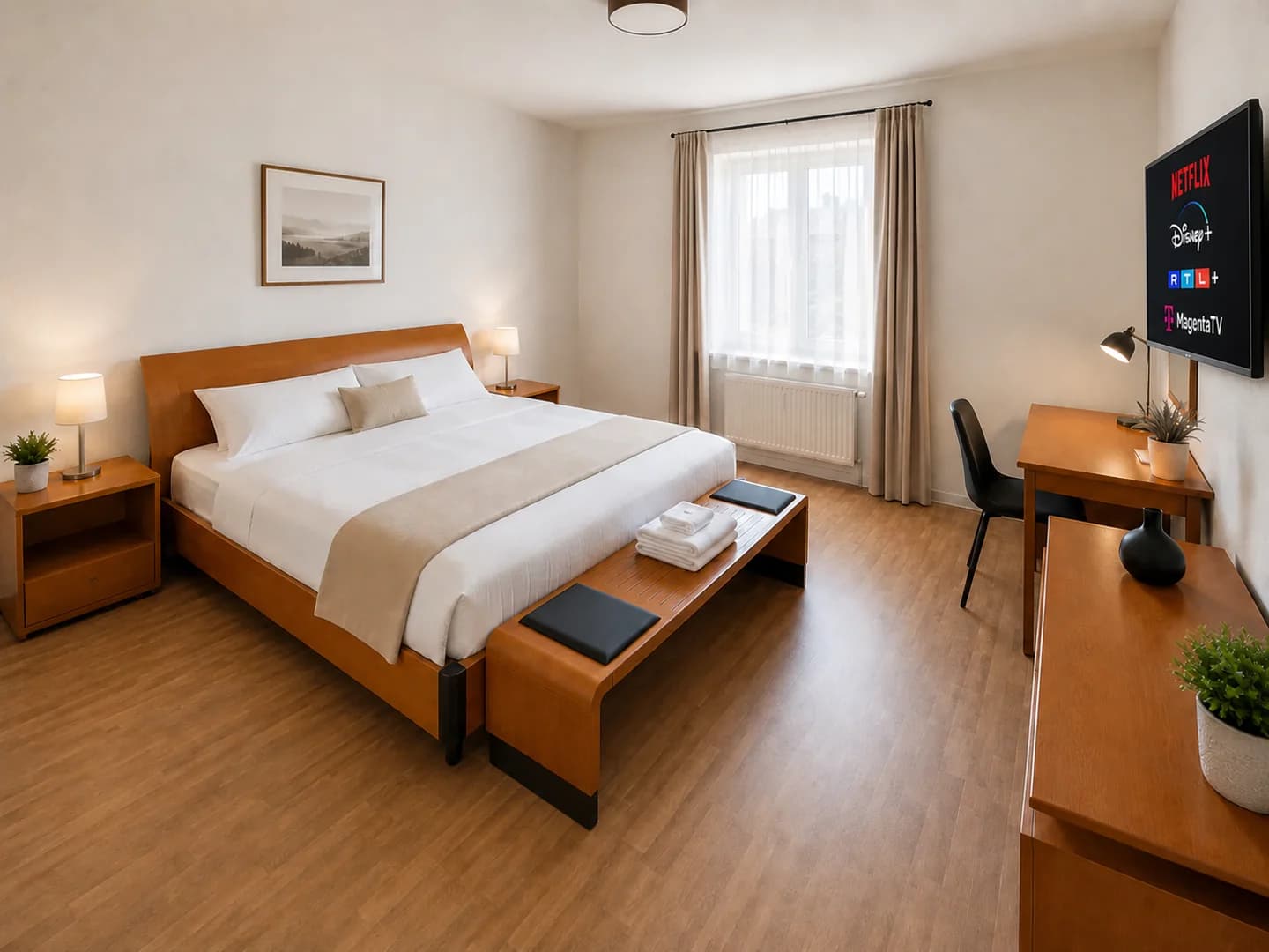 Möbliertes Schlafzimmer mit Arbeitsplatz in einer Projektwohnung in Bottrop-Welheim