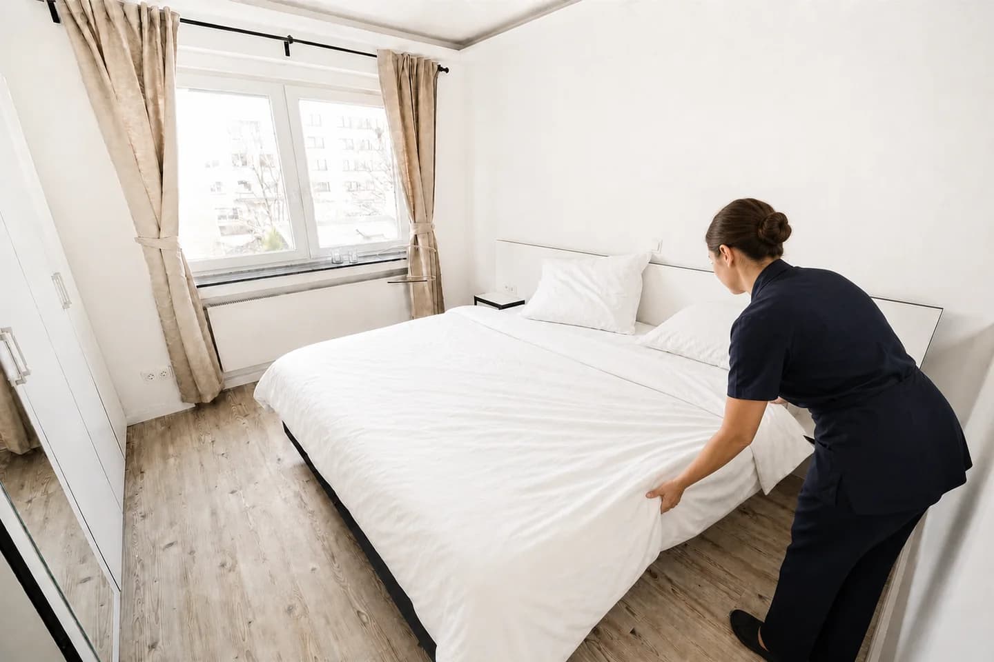 Housekeeping bereitet ein möbliertes Apartment für den nächsten Mitarbeiter vor